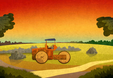 Field crop with farming vehicle in the sunset. Cartoon stylish background raster illustration.の写真素材