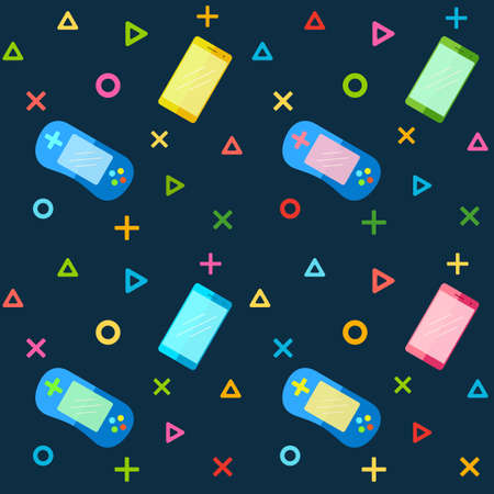 Mobile Phones and Colorful Game pad Controllers. Seamless Pattern for Fabric, Wrapping Paper and Background Wallpaperのイラスト素材