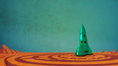 Rocket in the space. Spaceship on the lonely planet. Flight to the moon. Science fiction digital background raster illustrationの写真素材
