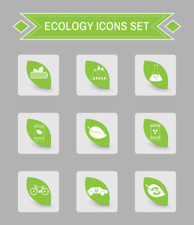 Green ecology logo isolated on gray square buttons. Digital background vector icon set.のイラスト素材