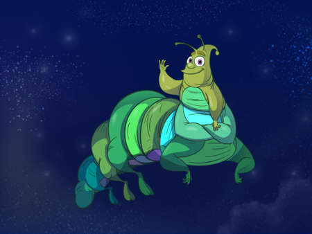 Caterpillar on the starry night sky backdrop. Digital background raster illustration.の写真素材
