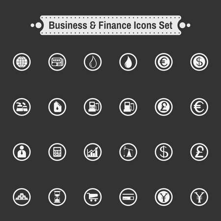 Business and Finance Flat Icons Set. Digital background vector illustration on black backdrop.のイラスト素材