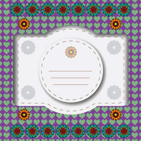 Invitation greeting card with orange and teal flowers on purple backdrop with green hearts. Digital background vector illustration.のイラスト素材