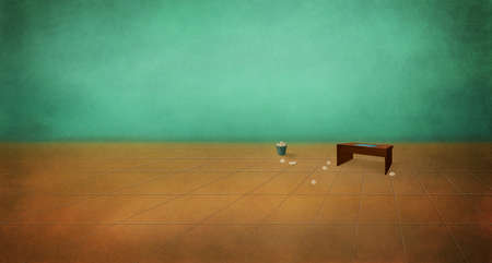 Table in an empty room. Depression, despair. Boredom. Digital background raster illustration.の写真素材