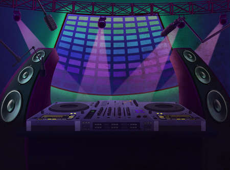 Music controller with mixing console, microphones and dynamics. Party at the night club. Digital background raster illustration.の写真素材