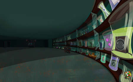 Shelves with Glass Jars in a Living Room. Computers on a table and a machine with turbines engine. Digital background raster illustration.の写真素材