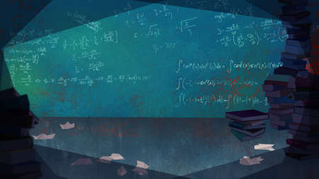Mathematical Formulas written on the Wall in a Living Room full of Books. Digital background raster illustration.の写真素材