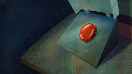 Red Shiny Button on a Table. Digital background raster illustration.
