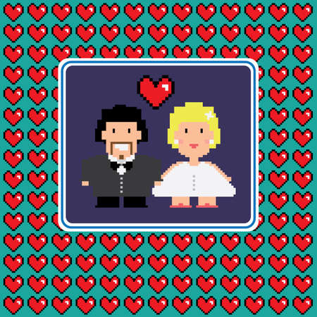 Happy Married couple frame. Pixelated groom and bride digital background vector illustration.