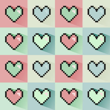 Pixelated colorful hearts digital background seamless vector pattern.のイラスト素材