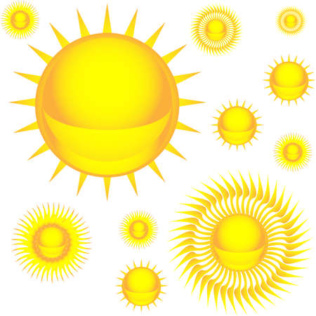 Sun of various shapes and sizes on the white backdrop. Weather forecast print. Digital background vector illustration.のイラスト素材