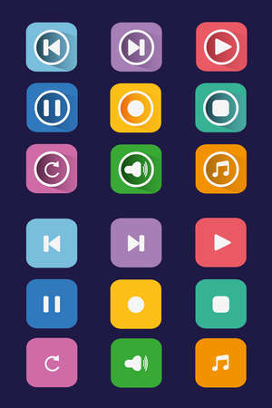 Flat icon set. Colorful multimedia UI buttons set. Digital background vector illustration.のイラスト素材