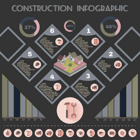 Construction Infographic. Isometric Town Houses on a Street. Building Icons. Digital background vector illustration.のイラスト素材