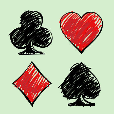 Cards deck. Four card suits hand drawn isolated on light green backdrop. Digital background vector illustration.のイラスト素材
