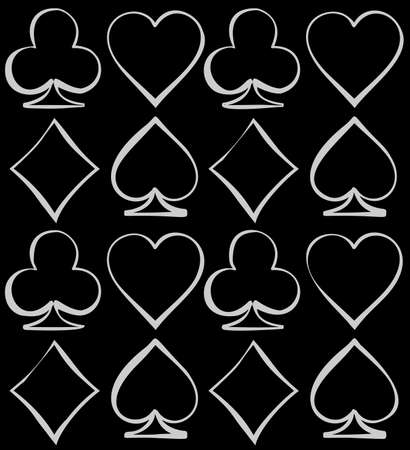 Four card suits white silhouettes on the black backdrop. Cards deck. Digital background vector pattern.のイラスト素材