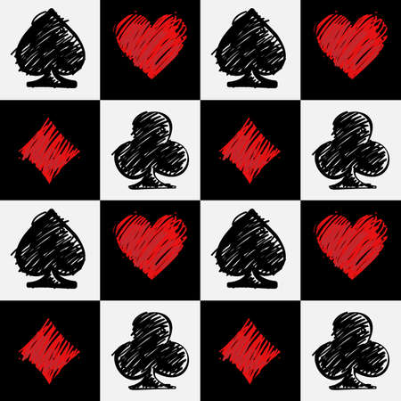 Black and red four card suits on white and black squares. Cards deck. Digital background vector pattern.のイラスト素材