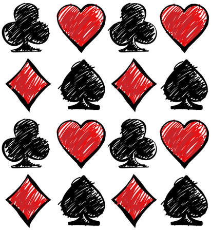 Hand drawn four card suits on the white backdrop. Cards deck. Digital background vector pattern.のイラスト素材