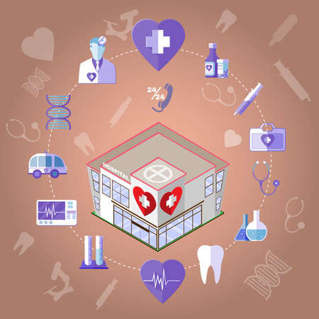 Isometric Hospital Medical Institution. Healthcare Related Objects. Colorful Medical Infographics Icons Set. Digital background vector illustration.のイラスト素材