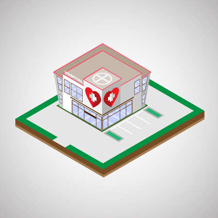 Hospital Isometric Building with Two Floors and a Parking Lot. Healthcare Institution. Digital background medical vector illustration.のイラスト素材