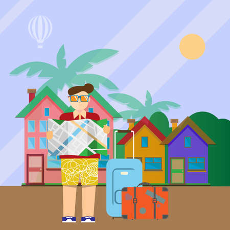 Tourist with map and suitcases and hotel houses in the backdrop. Travel digital vector background colorful illustration. Last minute deal leaflet.のイラスト素材