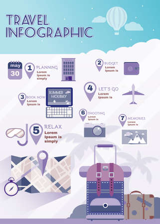 Vacation planner flat summer infographics. Travel digital vector background illustration. Map guide.のイラスト素材