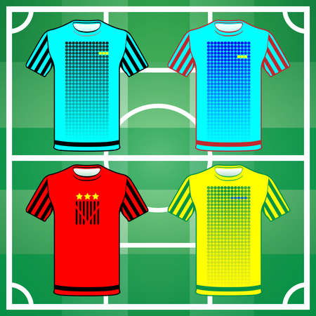 Football Soccer Baseball Volleyball Team Sportswear Uniform. Stylish design for players t-shirts. Four shirts yellow, blue, turquoise and red front view. Digital background vector illustration.のイラスト素材