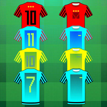 Football Soccer Baseball Volleyball Team Sportswear Uniform. Stylish design for players t-shirts. Yellow, blue, turquoise and red shirts, front and back view. Number seven, ten, eleven. Vector.のイラスト素材