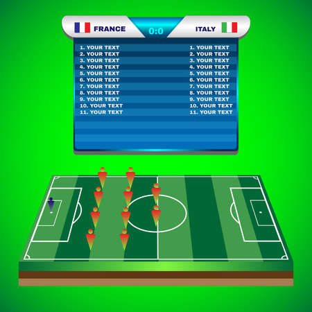 Football Soccer Match Statistics. Scoreboard with players and match score and other data. Football stadium playfield backdrop. France versus Italy Team. Digital background vector illustration.のイラスト素材