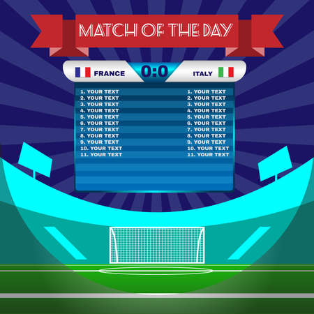 Football Soccer Match Statistics. Scoreboard with players and match score and other data. Football stadium playfield backdrop. France versus Italy Team. Digital background vector illustration.のイラスト素材