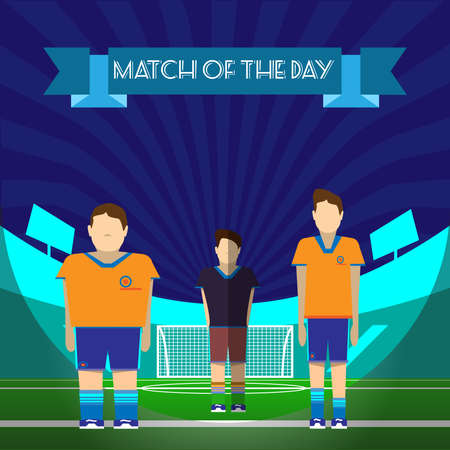 Two Football or Soccer Players and Referee on the game field. Match of the Day message. Sportswear flat design. Digital background vector illustration.のイラスト素材