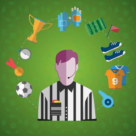 Big Soccer icon set. Referee with Microphone surrounded by Soccer Game items Digital background...