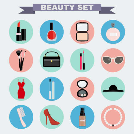 Beauty industry big vector icon set. Lipstick, Nail polish, Powder, Parfume, Make up Brushes, Cosmetics Case, Lipgloss, Sunglasses, Dress, Mascara, Eye Shadows, Hat, Comb, Shoes, Foundation, Necklace.のイラスト素材
