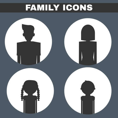 Happy Family concept. Black and white family portrait silhouette icon set. Mother, Father, Kids, Daughter, Son. People silhouettes. Digital background vector illustrのイラスト素材