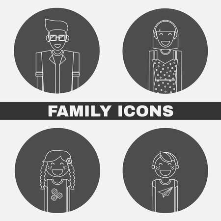 Happy Family concept. Black and white family portrait silhouette icon set. Mother, Father, Kids, Daughter, Son. People silhouettes. Digital background vector illustration.のイラスト素材