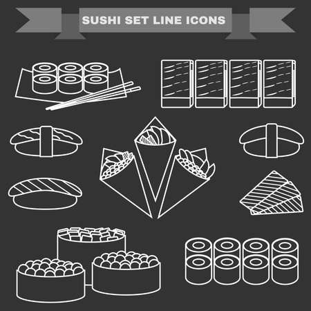 Big icon set of sushi. Different sushi types platter with chopsticks. Sushi Rolls, Salmon, Tuna, Sushi Cones in Nori Sheets with Caviar, Avocado filling. Black and white background vector illustrationのイラスト素材