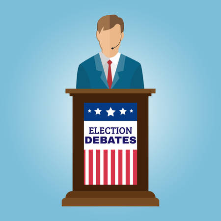 Election Debates Campaign Ad Flyer. Social Promotion Banner. American Flag's Symbolic Elements - Red Stripes and Blue Stars. Digital vector illustrationのイラスト素材
