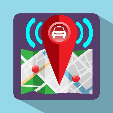 Gps Navigation Logo. Device for taxi drivers. Car, Map Pointer, Navigation Signal, Streets, Lake, Parks. Digital background vector illustrationのイラスト素材