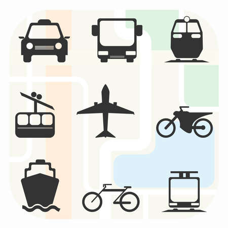 Transportation Big Icon Set. Car, Bus, Train, Cable way, Airplane, Motorcycle, Yacht, Bicycle, Cable Railway. Digital background vector illustration.のイラスト素材