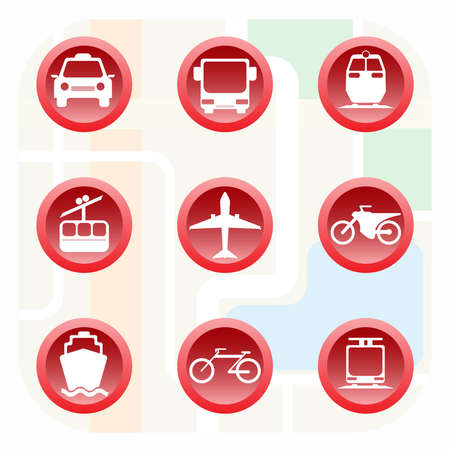Transportation Big Icon Set. Car, Bus, Train, Cable way, Airplane, Motorcycle, Yacht, Bicycle, Cable Railway. Digital background vector illustration.のイラスト素材
