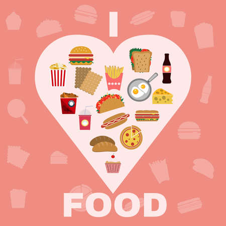 I Heart Food. Big Colorful Fast Food and Snacks Vector Icon Set. Cheeseburger, Popcorn, French Fries, Hamburger, Soda Drink, Hot Dog, Pizza, Muffin, Taco. Digital background vector illustrationのイラスト素材
