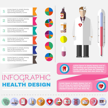 Colorful Healthcare Infographic Template. Medical Vector Icons Set. Otolaryngologist. Doctor in white coat with frontal reflector. Digital background vector illustration.のイラスト素材
