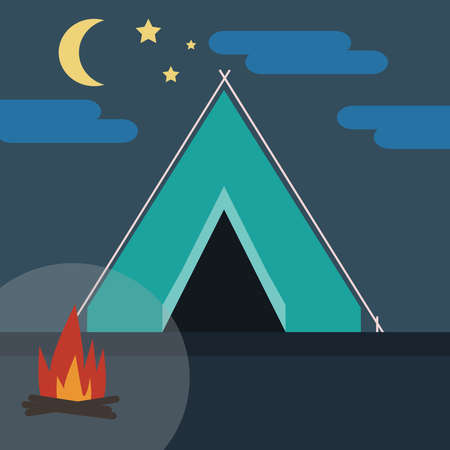 Camping in Wild Nature at Night. Blue Tent with Bonfire surrounded by Cloudy Skies with Half Moon and Stars. Digital background flat vector illustration.のイラスト素材