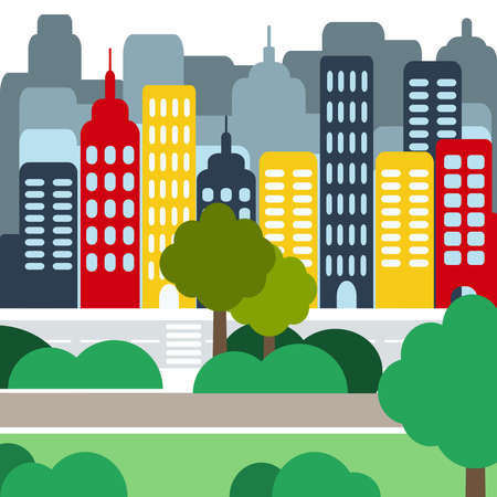 Cityscape with Buildings, Skyscrapers and Parks. Digital background flat vector illustration.のイラスト素材