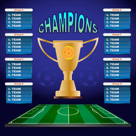 Soccer Champions Scoreboard Template on Dark Backdrop. Sports Tournament Chart for Groups and Teams. Soccer Playfield Digital Vector Illustration.のイラスト素材