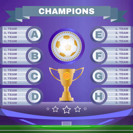 Soccer Champions Scoreboard Template on Purple Backdrop. Sports Tournament Chart for Groups and Teams. Soccer Playfield Digital Vector Illustration.のイラスト素材