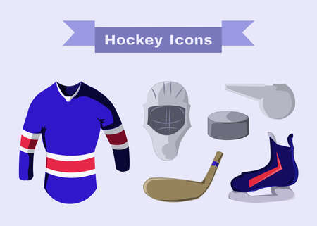 Hockey Sportswear Illustration. Helmet with Hockey-stick and Pullover and Puck and Whistle. Hockey Game Accessories Digital Vector Illustration.のイラスト素材