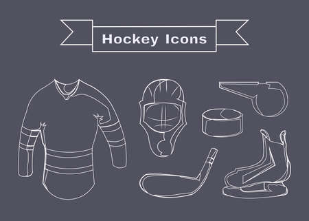 Hockey Sportswear Illustration in Line Art Style. Helmet with Hockey-stick and Pullover and Puck and Whistle. Hockey Game Accessories Digital Vector Illustration.のイラスト素材