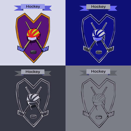 Hockey Badge Illustration. Helmet with Hockey-sticks and Puck. Sports Emblem for a icon. Digital Vector Illustration.のイラスト素材