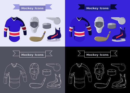 Hockey Sportswear Illustration. Helmet with Hockey-stick and Pullover and Puck and Whistle. Hockey Game Accessories Digital Vector Illustration.のイラスト素材