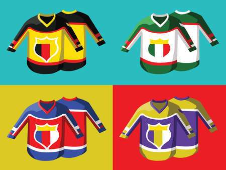 Hockey Pullover Illustration on Colorful Backdrop. Germany Italy and France. Activity Sportswear for Men and Boys. Stylish design for sports hoody. Hockey Game Accessories Digital Vector Illustration.のイラスト素材